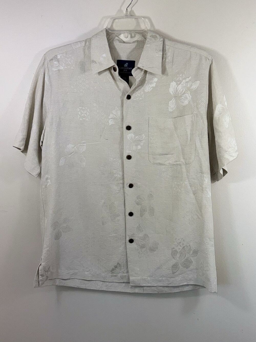 Caribbean Joe Silk Camp Shirt Mens Size M Beige Hawaiian Tropical Resort